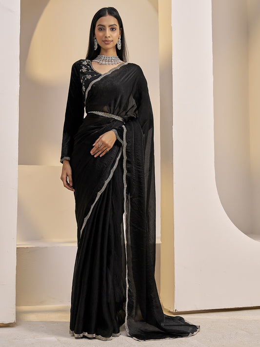 Black solid satin silk saree with black blouse piece