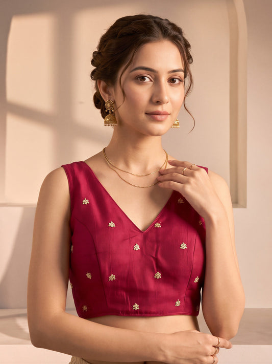 Red sequin embellished vichitra silk sleeveless readymade saree blouse with v neck