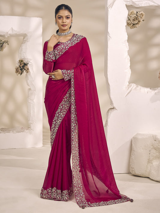 Pink solid satin silk saree with pink blouse piece