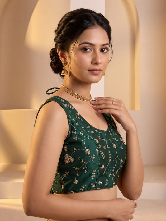 Green sequin embroidered vichitra silk sleeveless readymade saree blouse with round neck