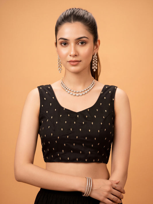 Black sequin embellished silk blend sleeveless readymade saree blouse with round neck