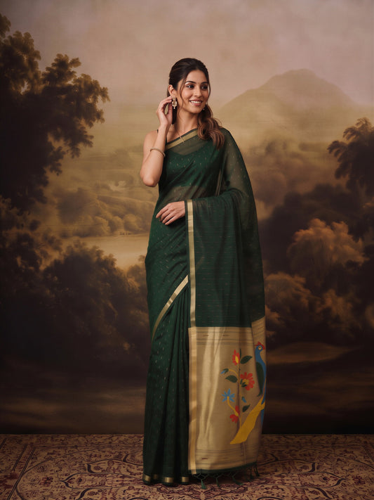 Dark Green striped silk blend saree with dark green blouse piece