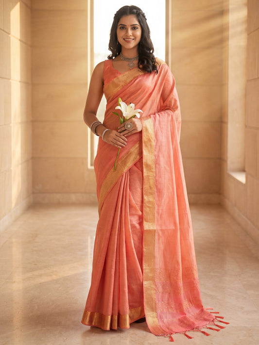 Woman wearing peach cotton silk saree with clean solid-tone finish and peach blouse