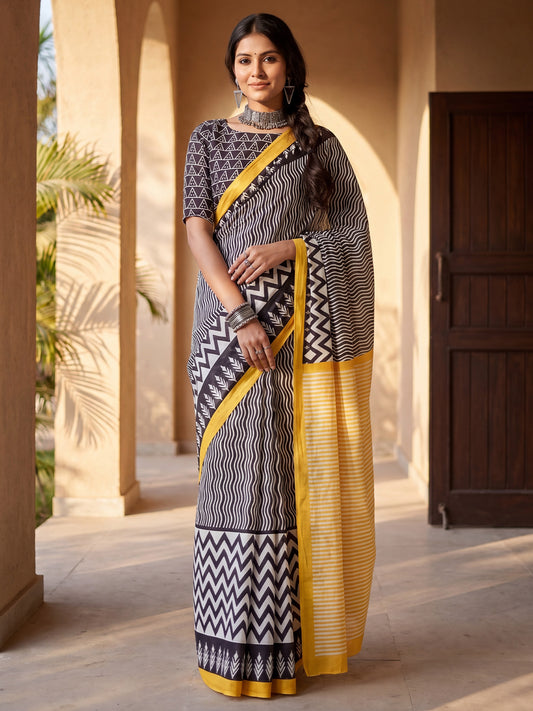 Woman wearing black cotton blend saree with leheriya design and black blouse