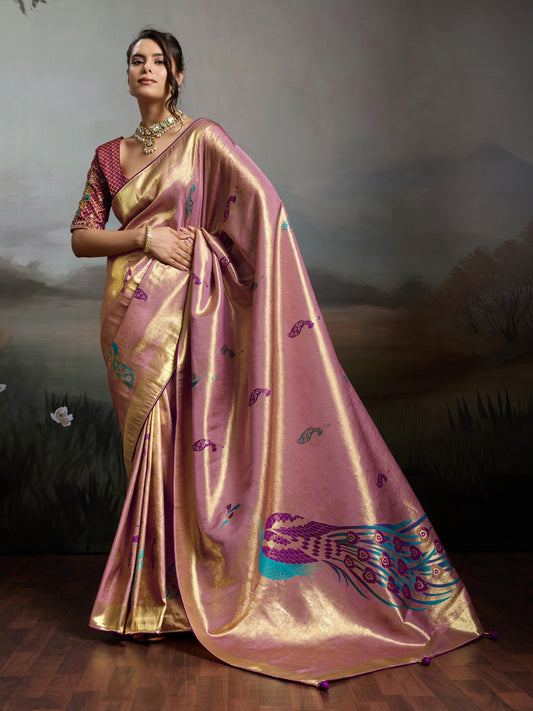 Woman wearing lavender banarasi silk saree with woven motif design and purple blouse