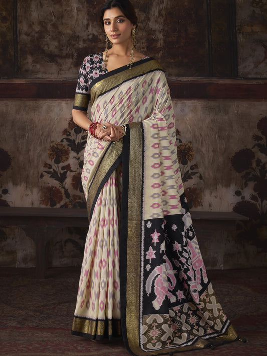Off White ikat silk blend saree with black blouse piece