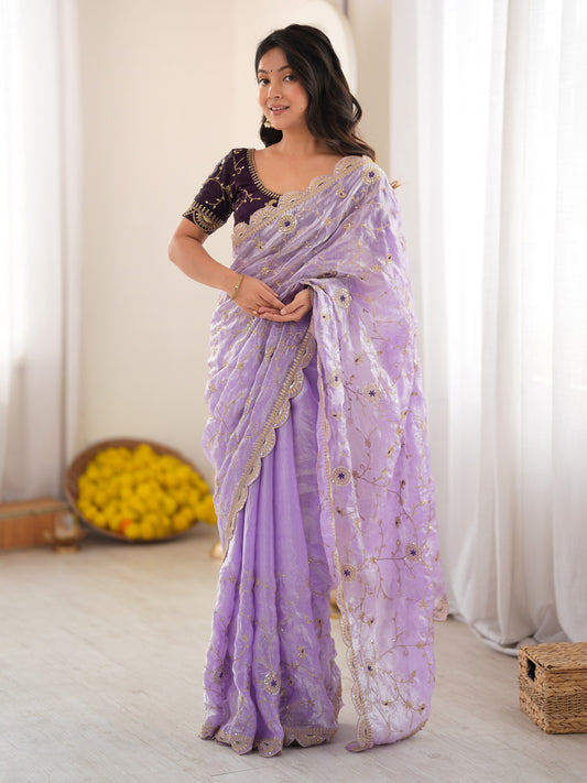Lavender embellished organza saree with purple blouse piece