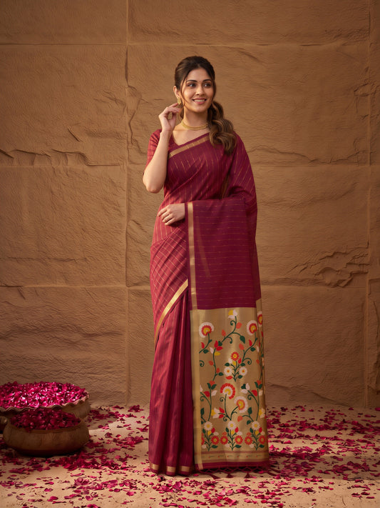 Burgundy striped silk blend saree with burgundy blouse piece