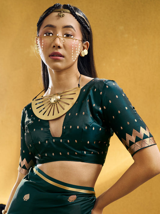 Unstitched dark green satin silk blouse piece with zari butta design