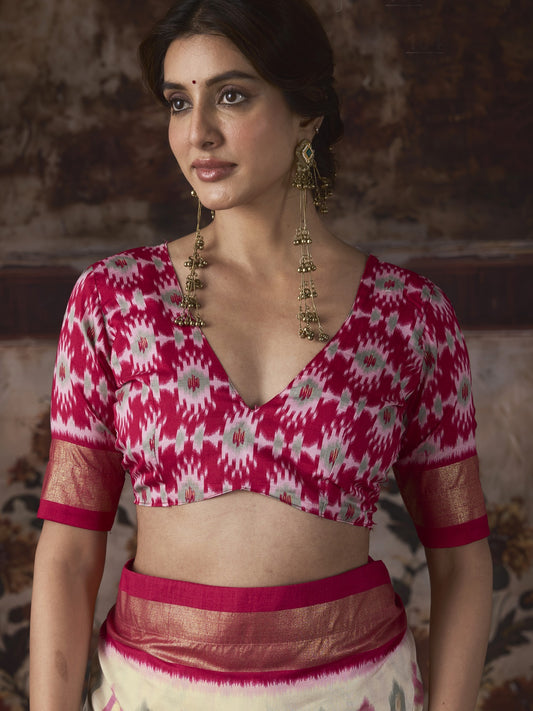 Off White silk blend saree view 1