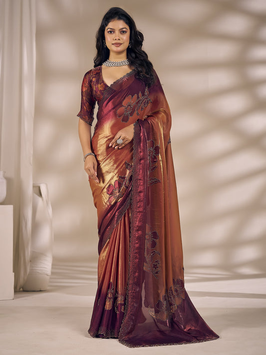 Rust embellished satin silk saree with wine blouse piece