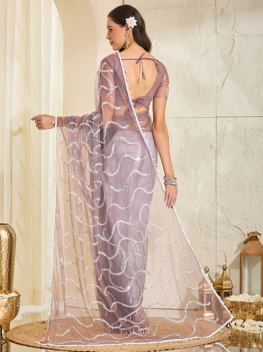 Mauve Net saree – detail view 1