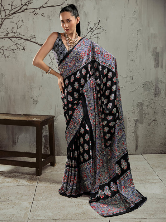 Black ajrak satin saree with grey blouse piece