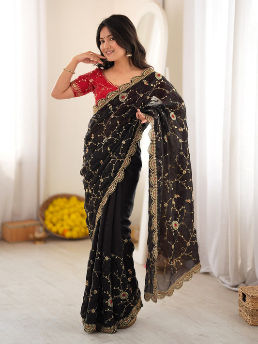 Black embellished organza saree with red blouse piece