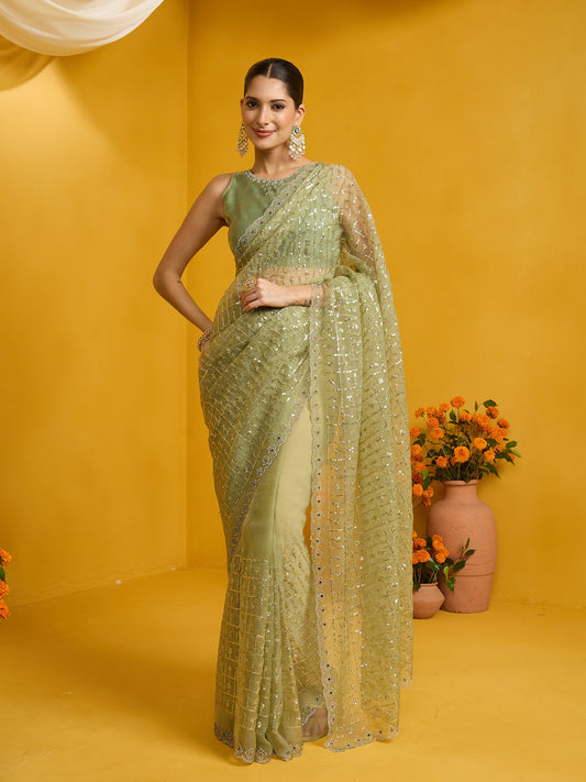 Woman wearing mint green soft silk saree with ornamented surface design and mint green blouse