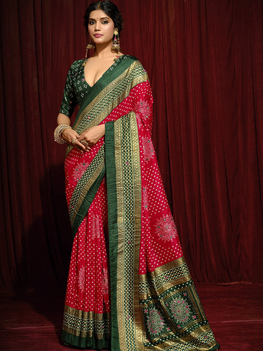 Red foil tussar silk saree with dark green blouse piece