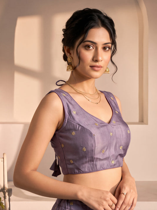 Lavender sequin embellished vichitra silk sleeveless readymade saree blouse with v neck