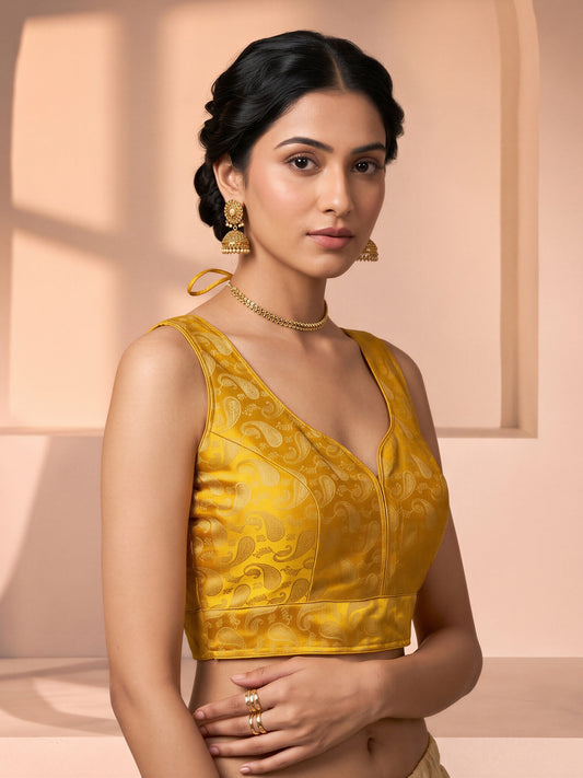 Mustard woven brocade silk blend sleeveless readymade saree blouse with v neck