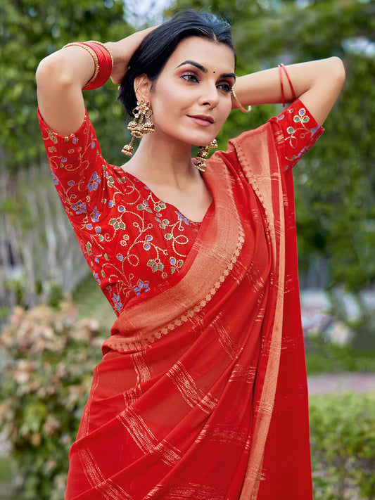Red Georgette saree – detail view 1