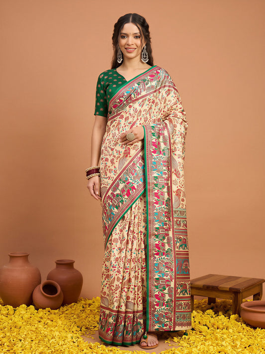 Woman wearing beige silk blend saree with metallic foil print work and green blouse