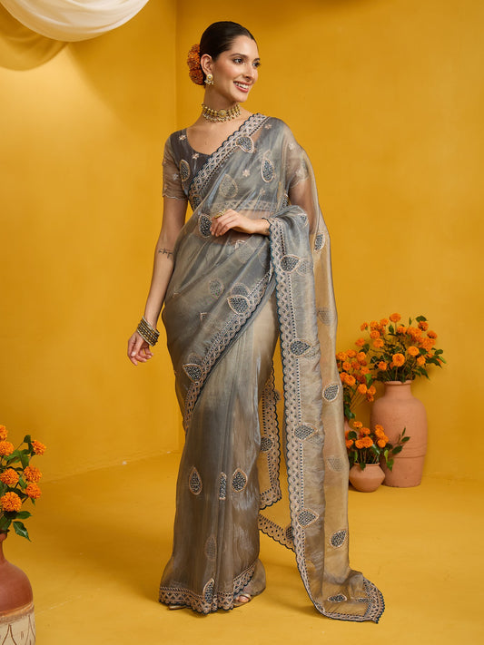 Woman wearing grey organza saree with ornamented surface design and grey blouse