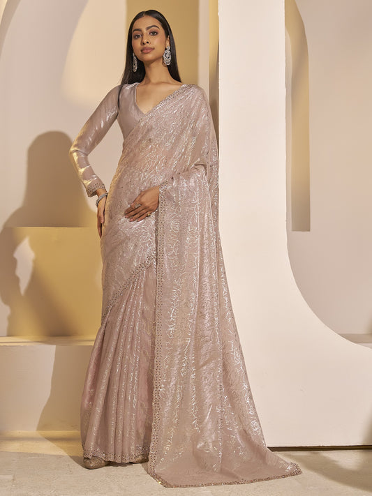 Champagne satin silk saree view 1