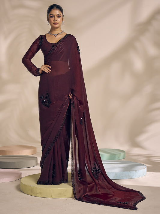 Wine embellished satin silk saree with wine blouse piece