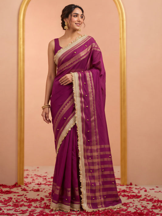 Purple woven design soft silk saree with purple blouse piece