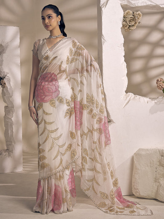 Off White embellished organza saree with off white blouse piece