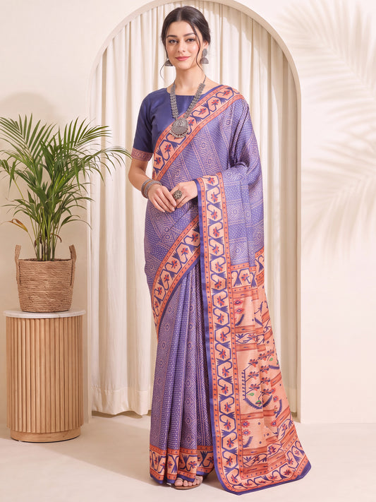 Woman wearing lavender silk blend saree with traditional indian motif work and lavender blouse