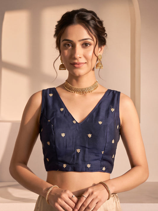 Navy Blue sequin embellished vichitra silk sleeveless readymade saree blouse with v neck
