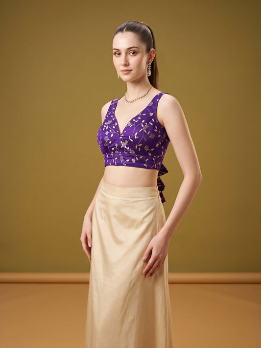 Violet sequin embellished silk blend sleeveless readymade saree blouse with v neck