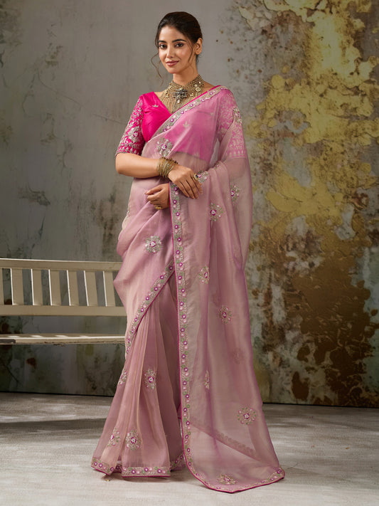 Pink solid tissue saree with pink blouse piece