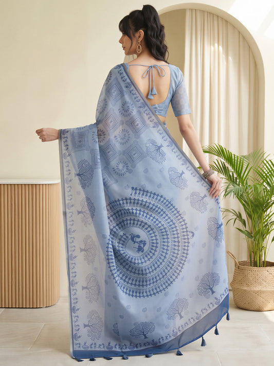 Light Blue Cotton Linen saree – detail view 1