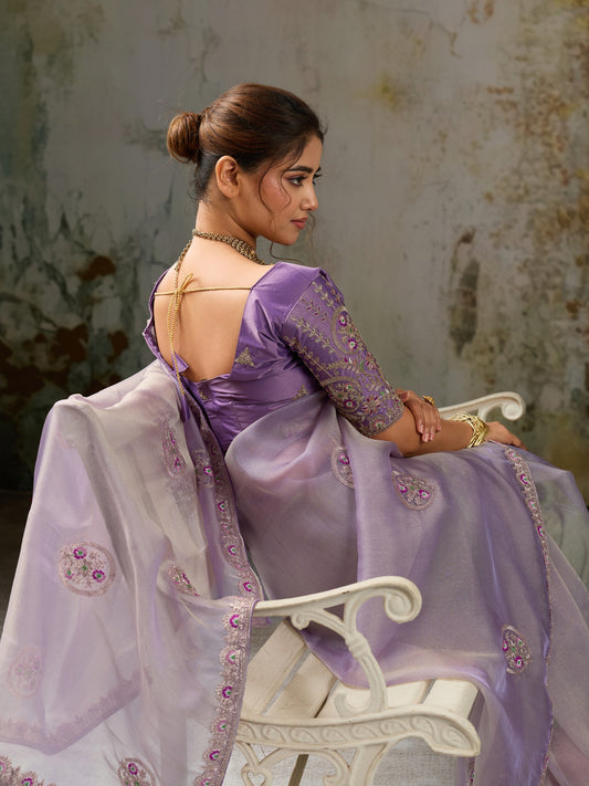 Lavender tissue saree view 1