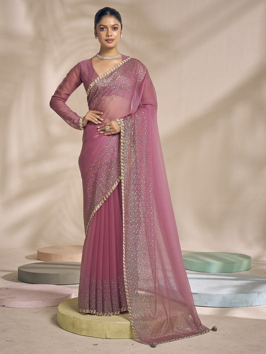 Mauve embellished chiffon saree with mauve blouse piece