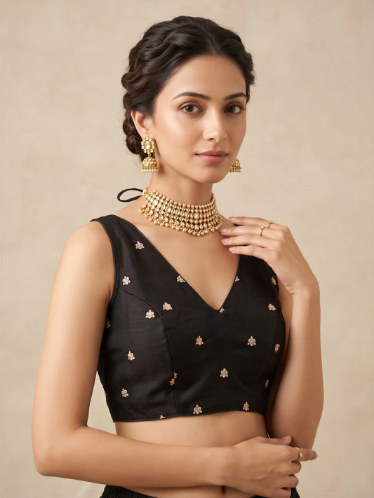 Black sequin embellished vichitra silk sleeveless readymade saree blouse with v neck
