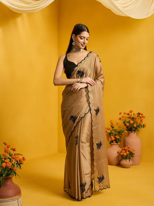 Woman wearing bronze georgette saree with ornamented surface design and black blouse
