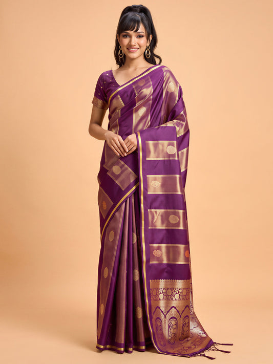 Woman wearing wine satin saree with traditional indian motif work and wine blouse
