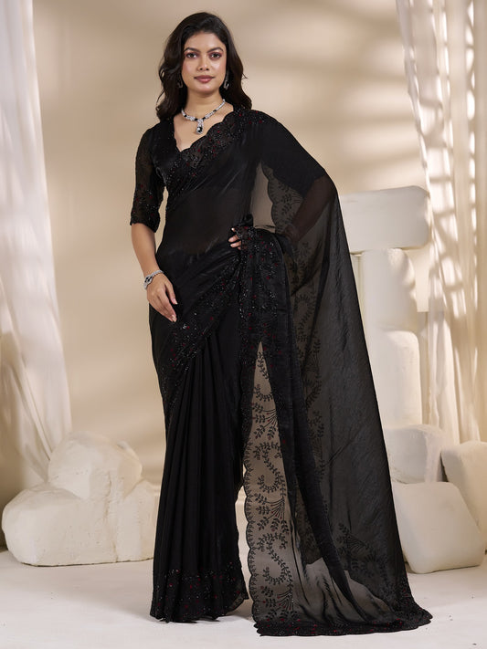 Black embellished satin silk saree with black blouse piece