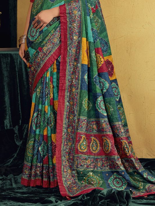 Teal Green tussar silk saree view 1