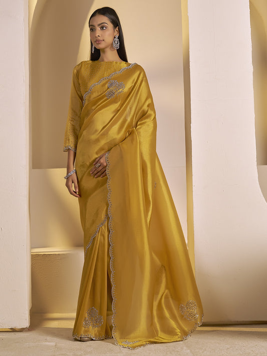 Gold embellished organza saree with gold blouse piece