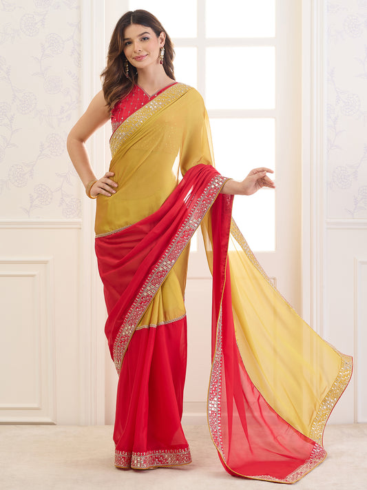 Woman wearing red pure georgette saree with ornamented surface design and red blouse