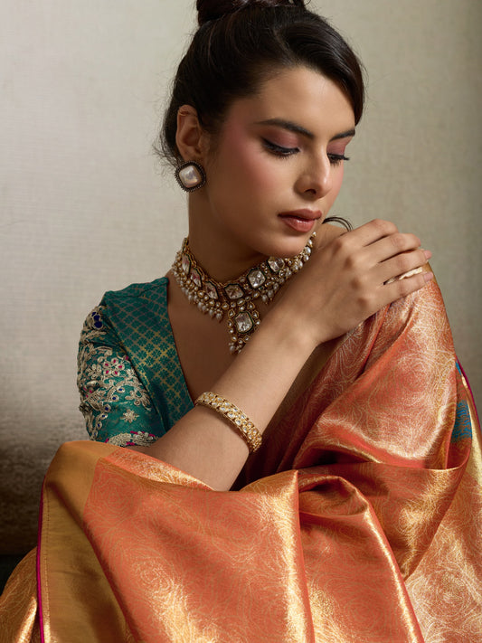 Orange banarasi silk saree view 1