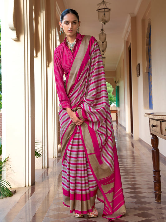 Pink striped crepe saree with pink blouse piece