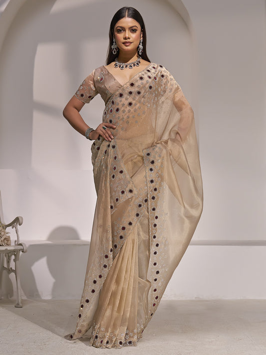 Champagne organza saree view 1