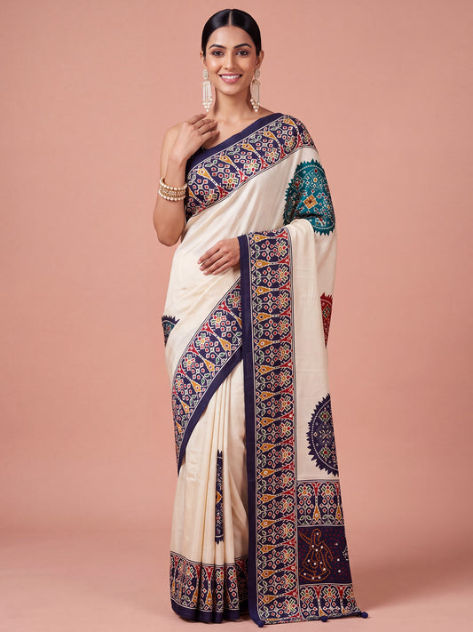 Navy Blue ajrak satin saree with navy blue blouse piece