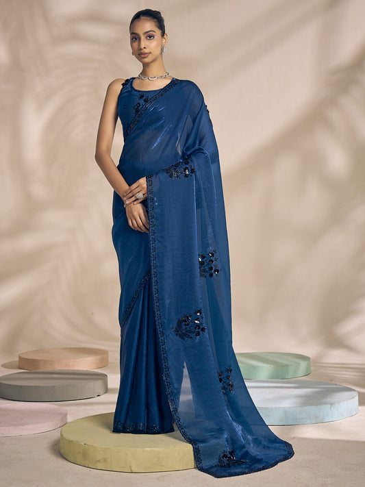 Teal Blue embellished satin silk saree with teal blue blouse piece