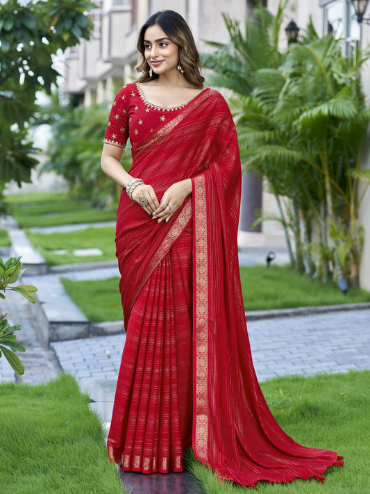 Red striped jacquard saree with red blouse piece