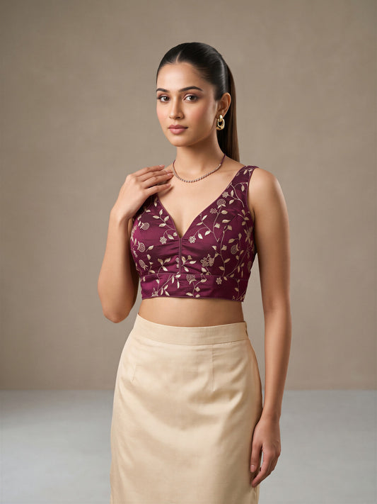 Wine sequin embellished silk blend sleeveless readymade saree blouse with v neck
